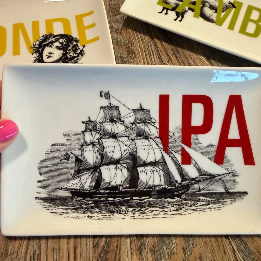Crate & Barrel Craft Beer Barware Appetizer Plate Set Stout Bock Blonde IPA Lamb